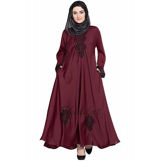 Embroidered Umbrella cut Nida abaya- Maroon